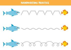 Tracing lines for kids. Cute shark and fish. vector