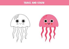 Trace and color cartoon pink jelly fish. Worksheet for children. vector