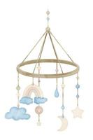 Watercolor childish Hanging Toy. Hand drawn illustration of Mobile for kid cradle. Drawing in cute pastel blue and pink colors on isolated background for greeting cards or baby shower invitations vector