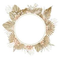 Round Wreath in Boho style. Hand drawn bohemian floral Circle Frame with Palm leaves and orchids on isolated background. Dried tropical plants with golden texture for wedding invitations or cards vector