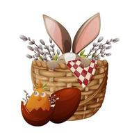 An Easter bunny hides in a wicker basket with willow branches, a cute chicken in a red egg sits next to it. Vector illustration for the holiday, isolated background