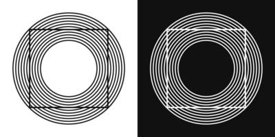 Abstract geometric figures with optical illusion and altered perspective view. Square is inscribed in circles. vector