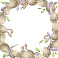 acuarela dibujada a mano celebración de pascua clipart. corona circular con huevos, conejitos, lazos y hojas de primavera. aislado sobre fondo blanco. diseño para invitaciones, regalos, tarjetas de felicitación, impresión, textil vector