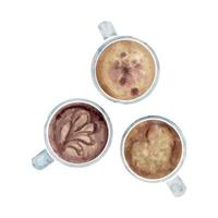 Watercolor hand drawn composition with capuccino porcelain stylized coffee cups and foam art, top view. Isolated on white background. For invitations, cafe, restaurant food menu, print, website, cards vector