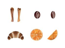 Watercolor hand drawn set of objects. Coffee beans, cinnamon sticks spice, orange slices, croissant. Isolated on white background. For invitations, cafe, restaurant food menu, print, website, cards vector