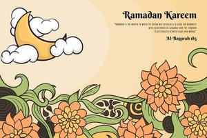 Floral background with crescent moon in hand drawn for ramadan kareem template design vector