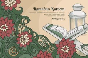 Floral background and qur'an in hand drawn design for ramadan kareem or eid mubarak template vector