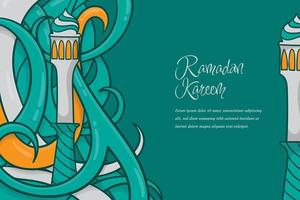 plantilla de fondo de ramadán verde con minarete y rama en diseño de dibujos animados vector