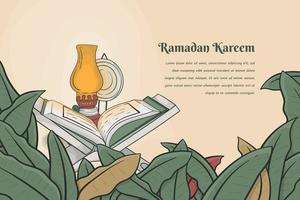 Banana leaf background in cartoon hand drawn with qur'an and lantern design for ramadan template vector