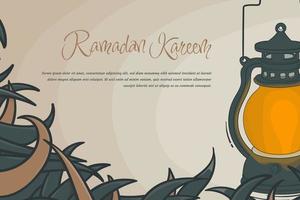 Ramadan kareem background template design with grass and lantern in hand drawn design vector