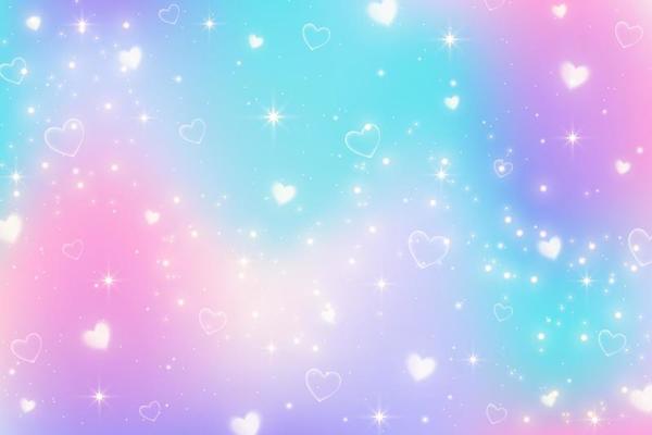 Rainbow unicorn fantasy background with stars and hearts. Holographic illustration in pastel colors. Bright multicolored sky. Vector.