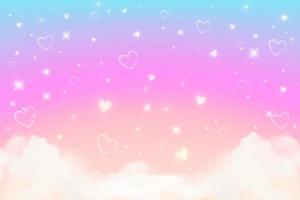 Rainbow unicorn background with clouds hearts and stars. Pastel color sky. Magical pink landscape, abstract fabulous panorama. Cute candy wallpaper. Vector. vector