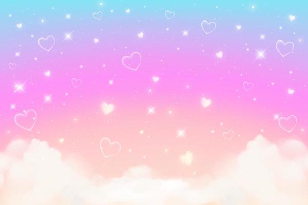 Rainbow unicorn background with clouds hearts and stars. Pastel color sky. Magical pink landscape, abstract fabulous panorama. Cute candy wallpaper. Vector.