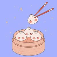 Cute dumplings with different emoticons on a bamboo board. Kawaii dim sum. Asian Traditional Cuisine. Vector illustration in cartoon flat style.