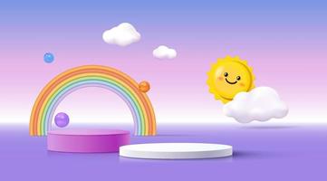 Podio 3d sobre fondo colorido con nubes y lindo arco iris, exhibición de productos para niños.
