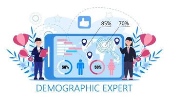 Demographer concept vector for landing page. Growth population in the world. Demographic experts analyzing data numbers of women, men, families. Diagrams, map, label