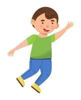 Happy school kid jumping. Cartoon character has fun, runs, jumps, plays. Boy illustration vector isolated
