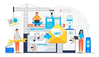 concepto de convertidor de mp3 con gente diminuta. Pantalla con proceso de cambio o conversión de documento a otro formato. compresión de audio ilustración de vector plano para aplicación, sitio web, banner