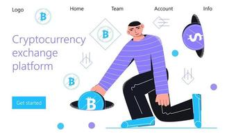 Cryptocurrency exchange platform concept vector for landing page. Blockchain world currency exchange services. Huge man putting in money portal bitcoin