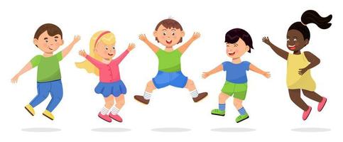 Happy school kids jumping. Cartoon children has fun, runs, jumps, plays. Boys and girls illustration vector isolated on white background. Diversity society, friendship, classmates