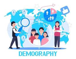 Demographer concept vector for landing page. Growth population in the world. Demographic experts analyzing data numbers of women, men, families. Diagrams, map, label