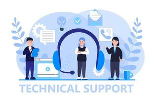 Technical support or call center concept vector. Big headphone and assistants are shown. Digital or AI technology illustration. vector