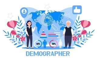 Demographer concept vector for landing page. Growth population in the world. Demographic experts analyzing data numbers of women, men, families. Diagrams, map, label