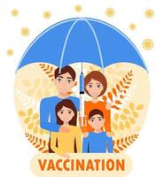 Family vaccination concept vector. Time to vaccinate for adult and children for protection against virus, flu, measles. Big umbrella with syringe vector