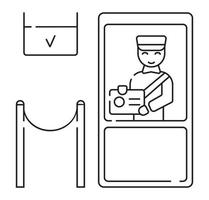 vector de icono de aduanas en el estilo de contorno. el oficial revisa el pasaporte, lo sella y otorga la visa de turista. zona verde de aduanas