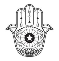 Hamsa hand vector with mystical, esoteric symbols like pyramid, evil eye. Indian color page, tattoo, henna illustration. Wicca, astrological, occult art.
