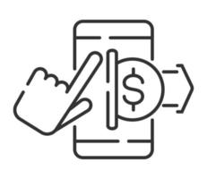 Remitted money icon vector. Transfer money sign in outline style. Smartphone with coin and mobile application. Refund, cashback vector