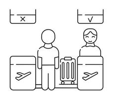 Reception, check-in vector icon. The passenger checks in their luggage. Control of weight of the transported baggage.