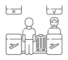 Reception, check-in vector icon. The passenger checks in their luggage. Control of weight of the transported baggage.