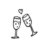 Vector line drawing ofcheering with glasses of wine or champagne. Minimalism sketch hand drawn isolated on white background. Simplicity line art abstract style.