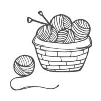 Basket with wool balls, yarn, knitting needles and knitted socks. Handmade knitting concept. Sketch vintage vector illustration