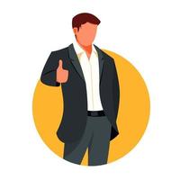 Portrait of excited business man dressed in black formal wear showing thumbs up sign. vector