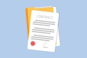 Signed contract or document. Document, folder with stamp and text silhouettes. Contract conditions, research or approval validation document. Contract papers, Document. Folder with papers vector