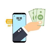 Cashback for a buyer, a hand with coins from a smartphone screen and a man taking money vector