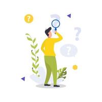 Man holding magnifying glass and looking through it at interrogation points. Concept of frequently asked questions vector