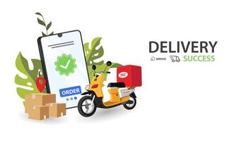 Fast delivery by scooter on mobile. E-commerce concept. vector