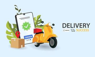 Fast delivery by scooter on mobile. E-commerce concept. vector