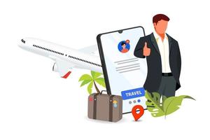 Businessman walking with suitcase and flight ticket. Business man with luggage bag in arrival vector
