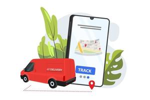 aplicación de servicio de entrega rápida en furgoneta de smartphone que entrega una caja y seguimiento de personas vector