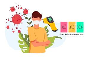 Boy measuring body temperature and wearing a face mask vector