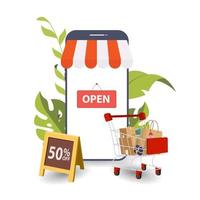 Mobile phone. Mobile store concept with awning. Vector illustration. Can use for promotion banner.