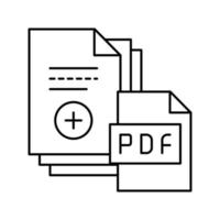 escaneo de documentación agregando en la ilustración de vector de icono de línea de archivo pdf