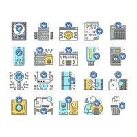 Data Recovery Computer Processing Icons Set Vector