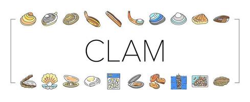 Clam Marine Sea Farm Nutrition Icons Set Vector