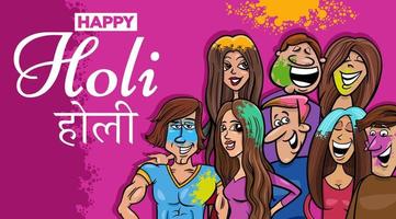 Hindu Holi festival design with comic people characters vector