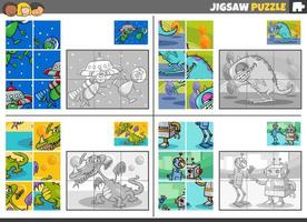 jigsaw puzzle game set with cartoon fantasy characters vector